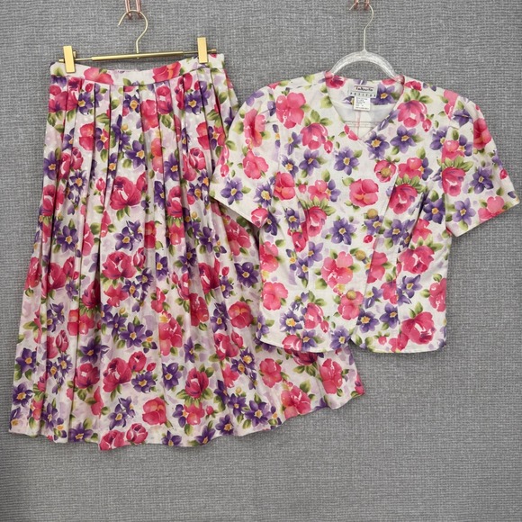 Talbots Dresses & Skirts - Vintage Talbots Petites‎ Skirt Set Womens 10P Pink Purple Floral Linen Cottage